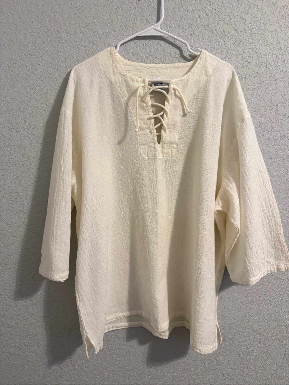 Cottonseed 100% Cotton Off-White Woven Lace-Up Collared 3/4 Sleeve Shirt 2XL